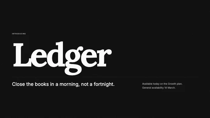 Product launch cover: the word Ledger in large serif type on black.